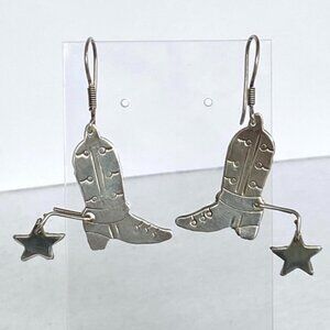 Mexico Sterling Silver 925 Southwest Stamped Cowboy/girl Boots Dangle Earrings